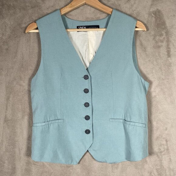 Zara Tailored Waistcoat Women’s XS Vest Top Button Up V Neck Minimalist Blue - Picture 2 of 9
